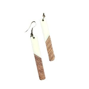 White Cream and Brown Wood Handmade Dangle Boho Earthy Natural Nature Earrings